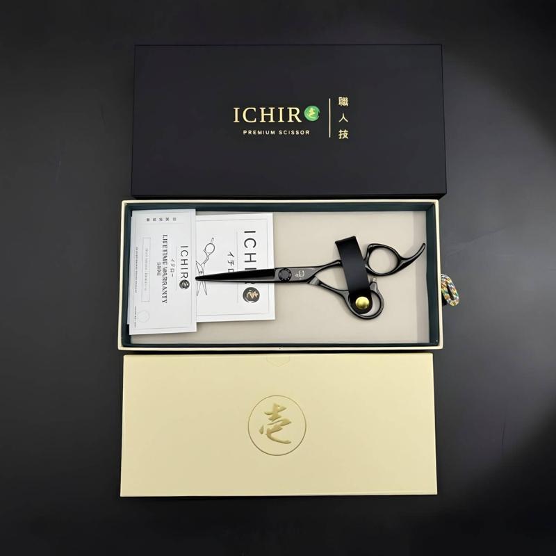 Ichiro Amethyst Cutting Scissors (5.5-6.5″), Ichiro Premium box top-down, black shear, gold envelope