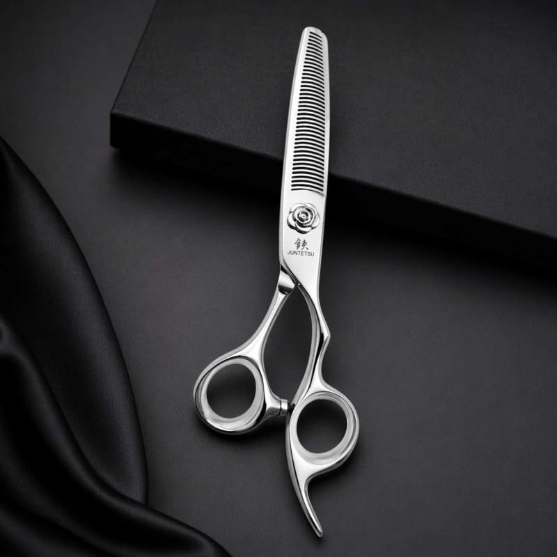 Juntetsu Rose Limited Edition Thinning Scissors (6.0″), rose thinner on black satin and block