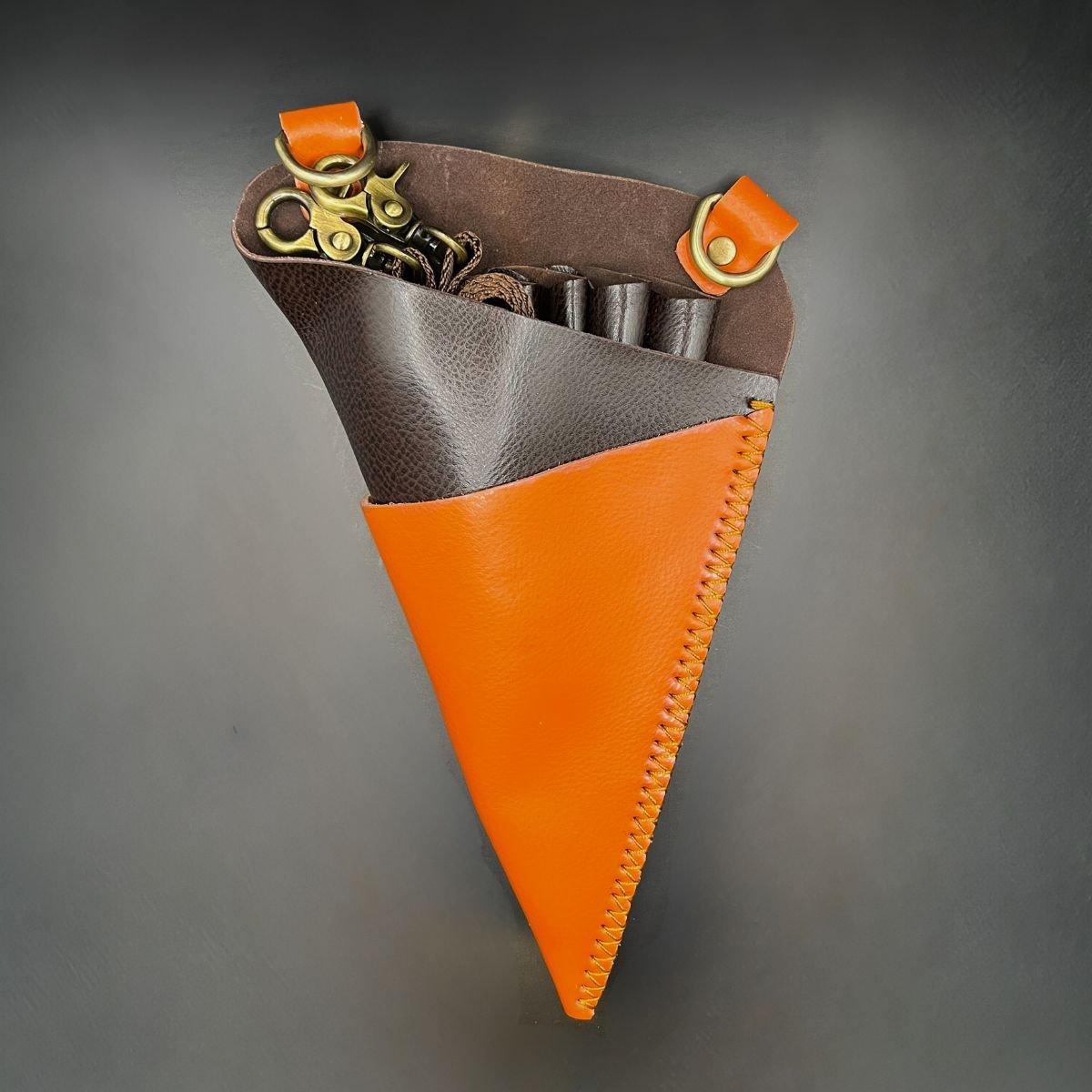 Premium Orange & Brown Leather Scissor Holster - 5 Pocket Professional Belt