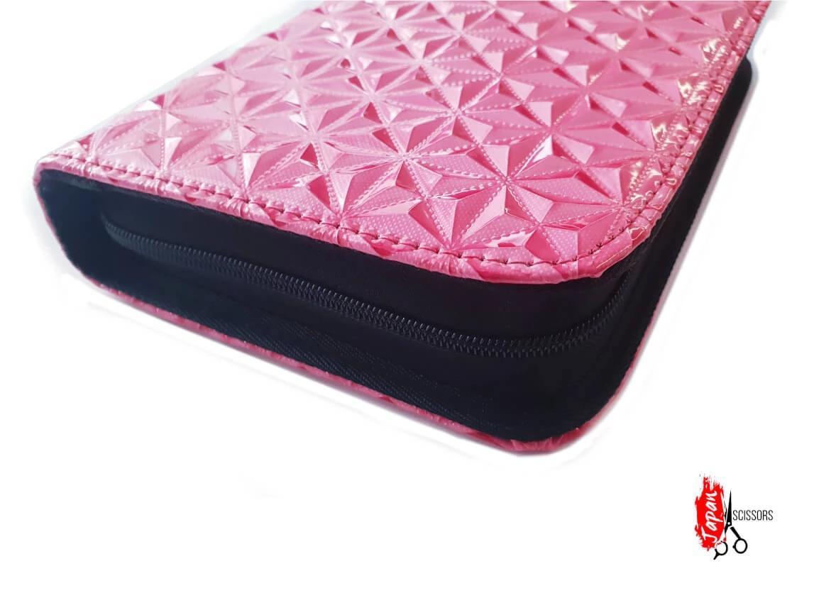 Pink leather scissor pouch with lined tool sleeves