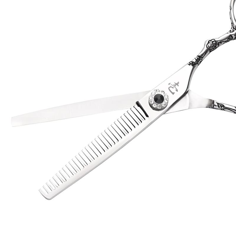 Ichiro Hana Thinning Scissors (6.0″), open, teeth in angled view