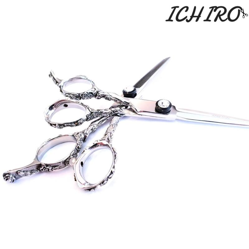 Ichiro Rose Lefty Cutting & Thinning Set, cutter open, engraved handle detail