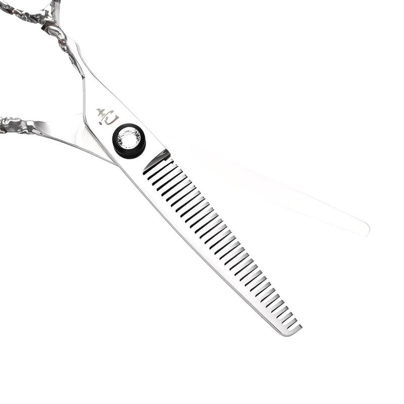 Ichiro Rose Lefty Thinning Scissors (6.0″), open, teeth in angled view