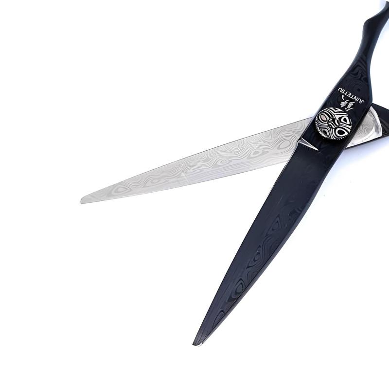 Juntetsu Matte Black Damascus Cutting Scissors (6.0″), open, blade close-up