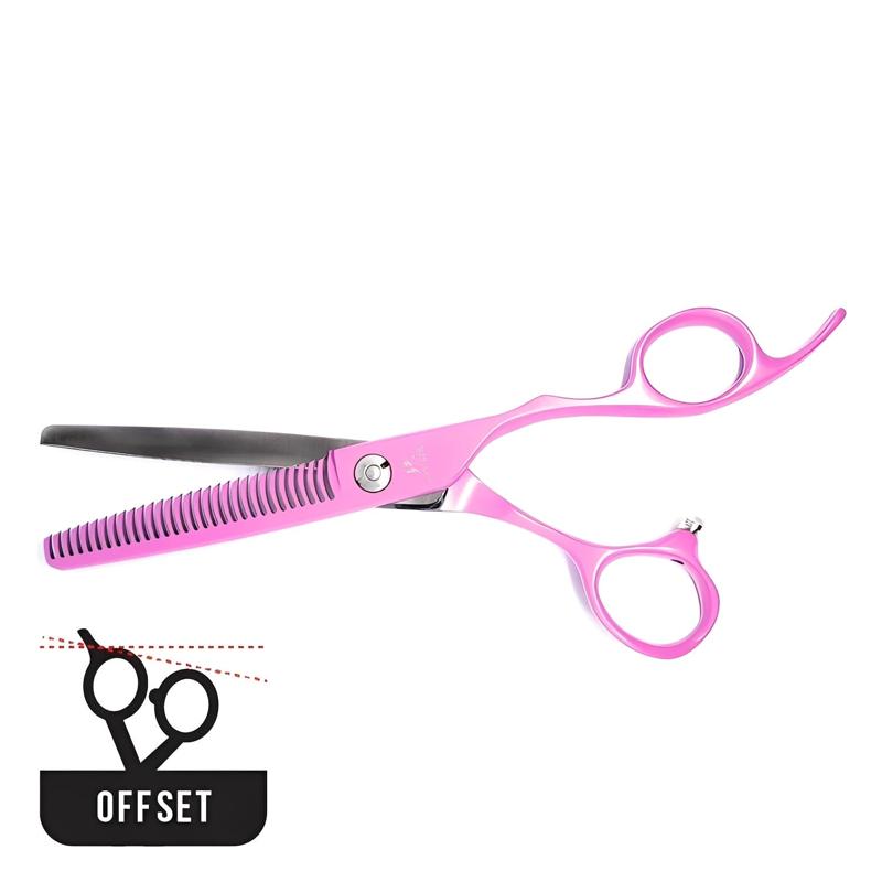 Juntetsu Pink Hairdressing Scissor Set, thinner closed, teeth in side view