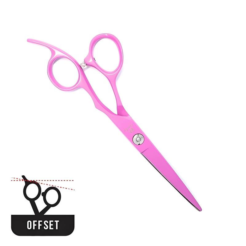 Juntetsu Pink Hairdressing Scissor Set, cutter closed, angled view, offset badge