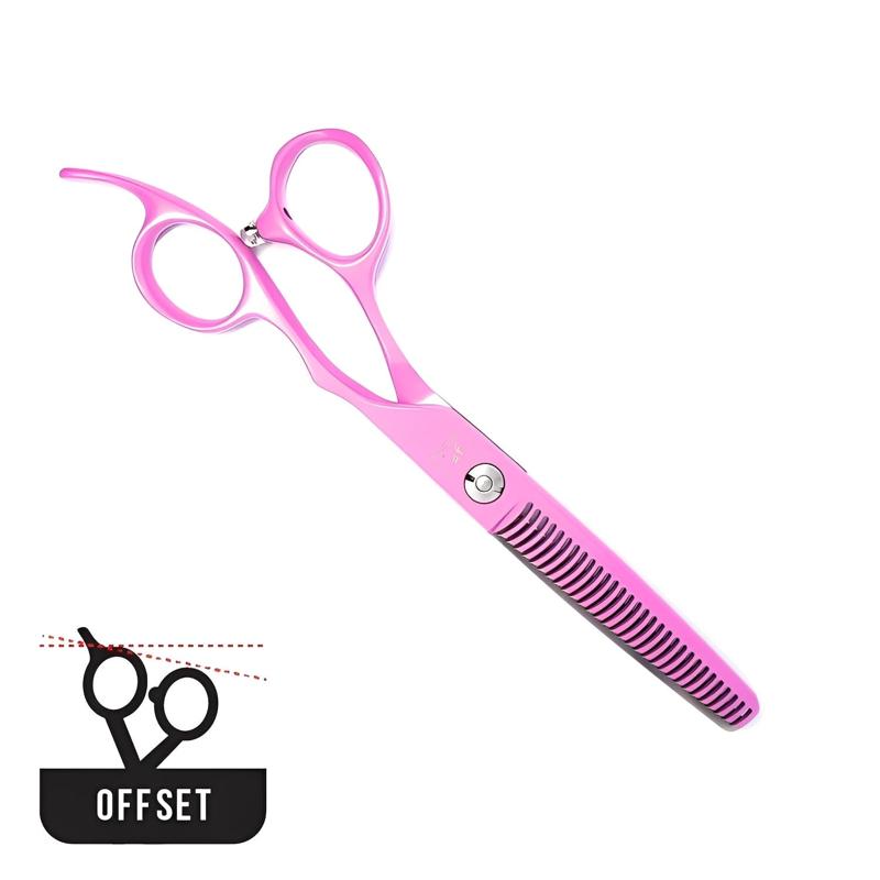 Juntetsu Pink Hairdressing Scissor Set, thinner closed, angled view, offset badge
