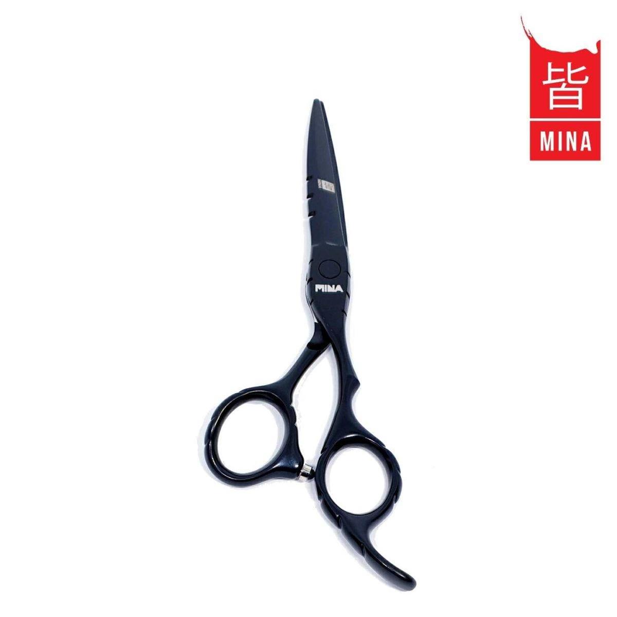 Mina Matte Black offset cutting shear with V-shaped thinning blade