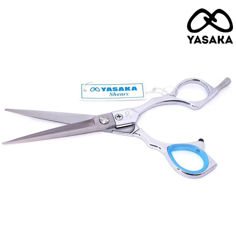 Yasaka Offset Hair Cutting Scissors (4.5-6.0″), open, side view with maker tag
