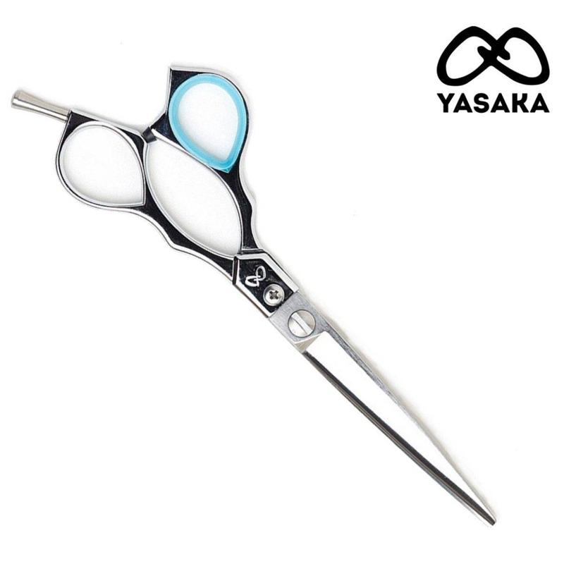 Yasaka Offset Hair Cutting Scissors (4.5-6.0″), closed, angled view, blue ring insert