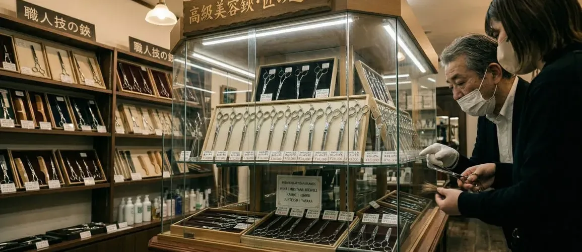 Experienced barber cutting younger customer in traditional Japanese barbershop with warm wood interior
