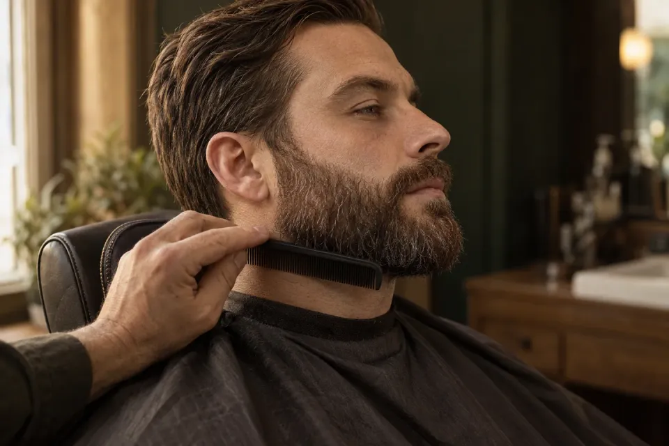A barber combing a short beard along the jaw to assess its outline.
