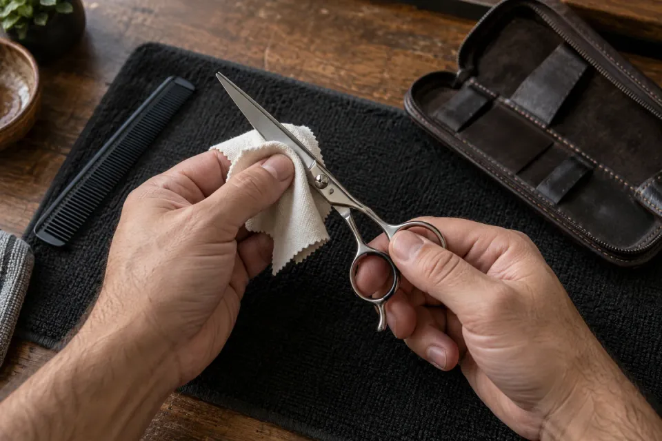 Hands wiping closed hair-cutting scissors with a cloth beside a comb and leather case.