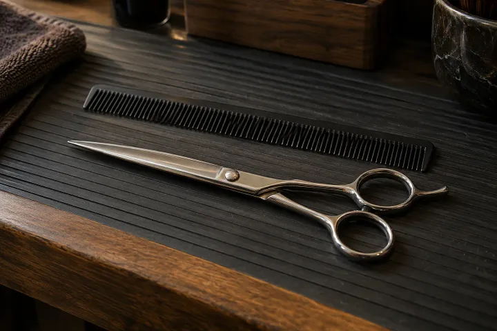 A long-blade barber shear beside a black comb on a ribbed workstation mat.