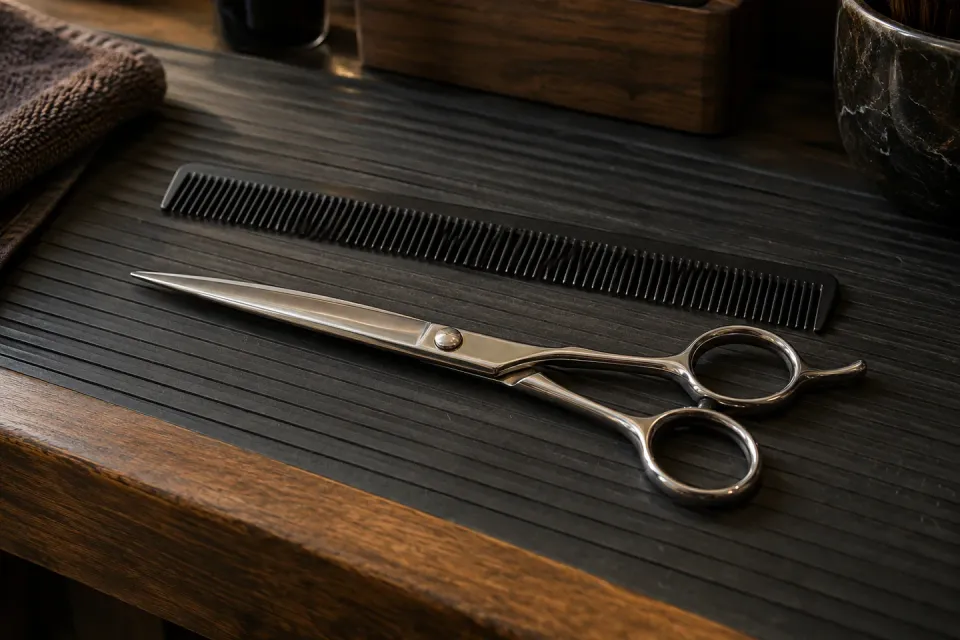 A long-blade barber shear beside a black comb on a ribbed workstation mat.