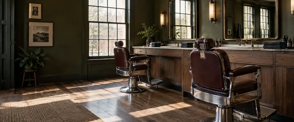 Two leather barber chairs beside a walnut counter in a quiet barbershop before opening.