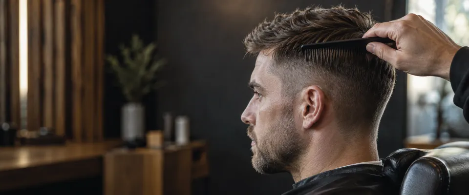 A barber lifting a section of short hair with a black comb above a client's ear.