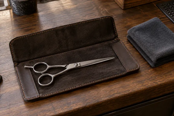 One closed barber shear resting in an open lined leather roll beside a folded grey cloth.