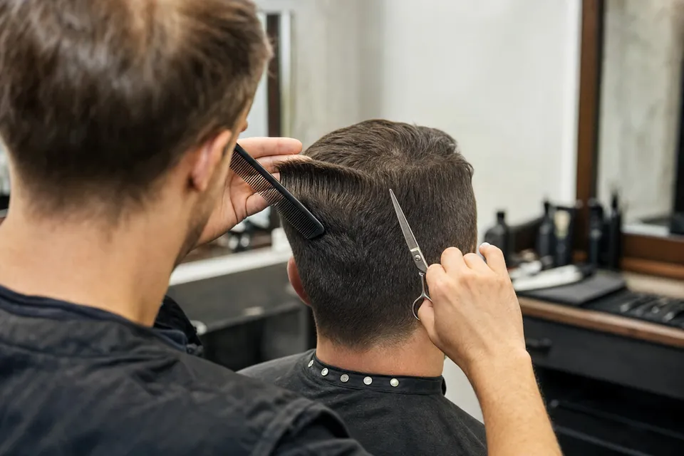 A barber assessing the shape and blend of a short haircut.