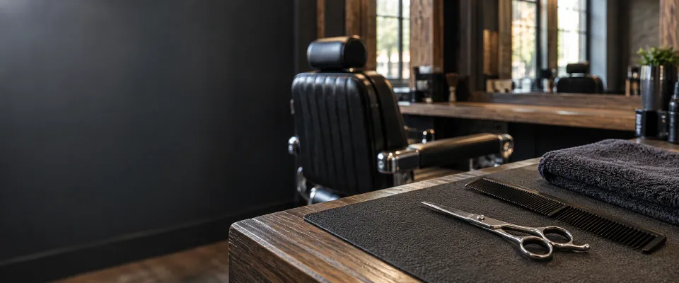 Closed hair-cutting scissors and a black comb on a mat at a dark barber workstation.
