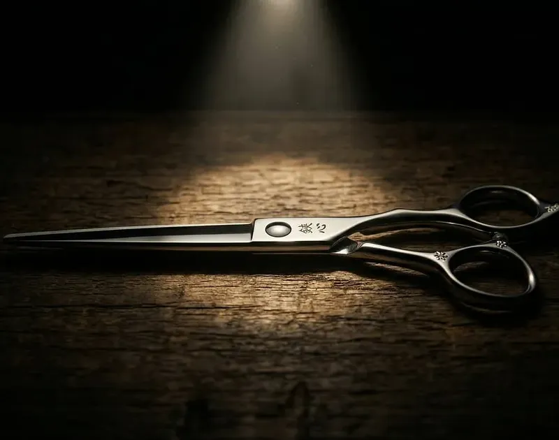 Professional thinning shear with blade detail on dark wood
