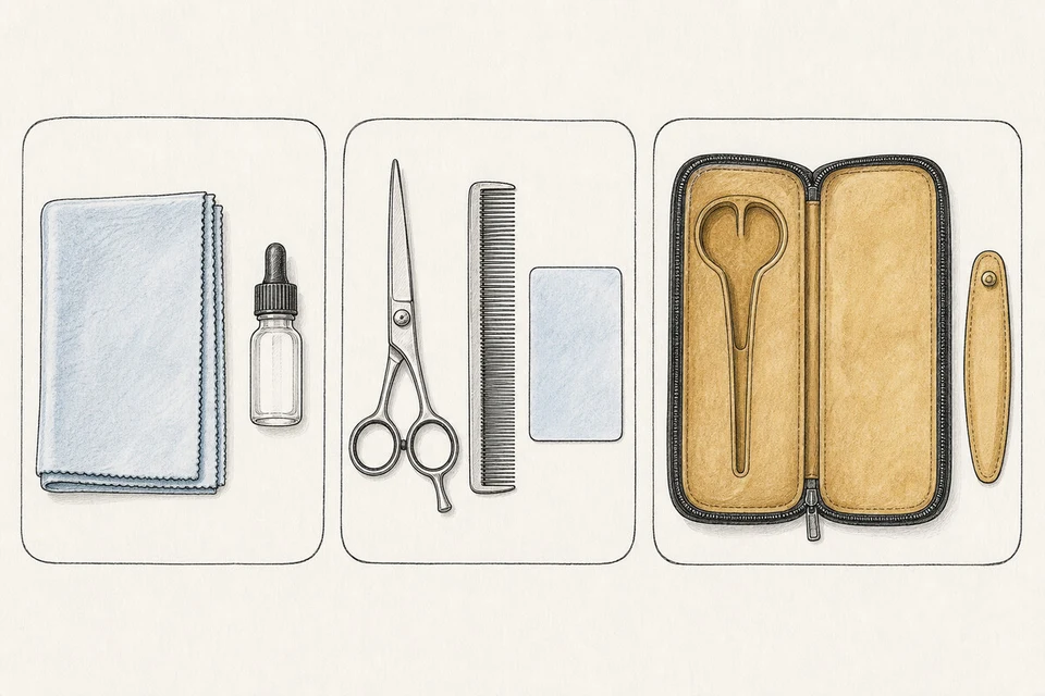 Three illustrated panels showing a cloth and oil bottle, a shear and comb, and a protective case.