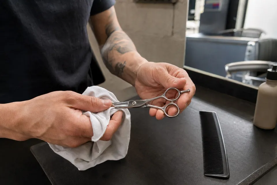 Hands wiping a closed shear with a cloth at a workstation.