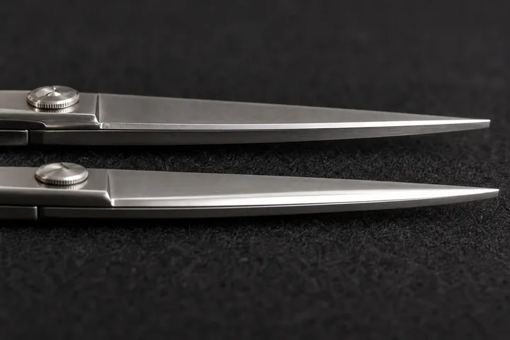 Two scissor blades shown close up on dark cloth, with different edge finishes.