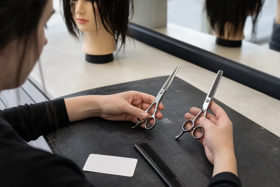 A student comparing cutting and thinning shears beside a training mannequin.
