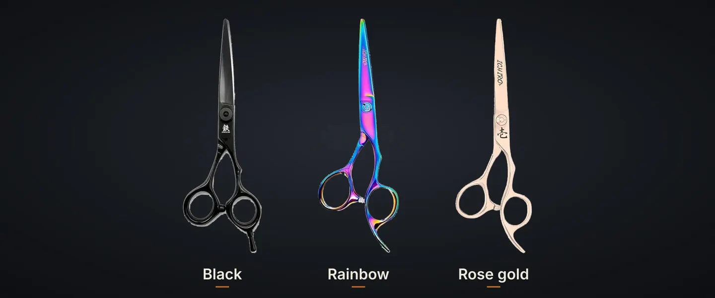 Black, rainbow and rose gold finished cutting scissors, labelled, on charcoal