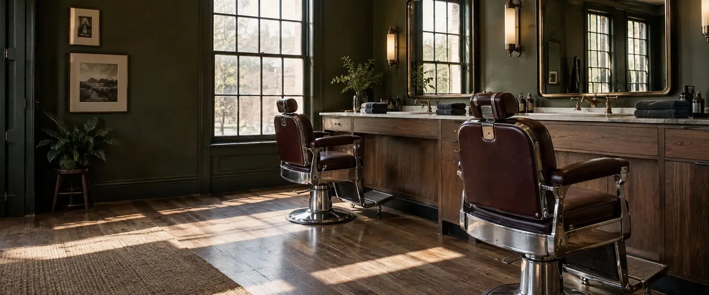 Illustration of an empty barbershop with leather chairs in morning light