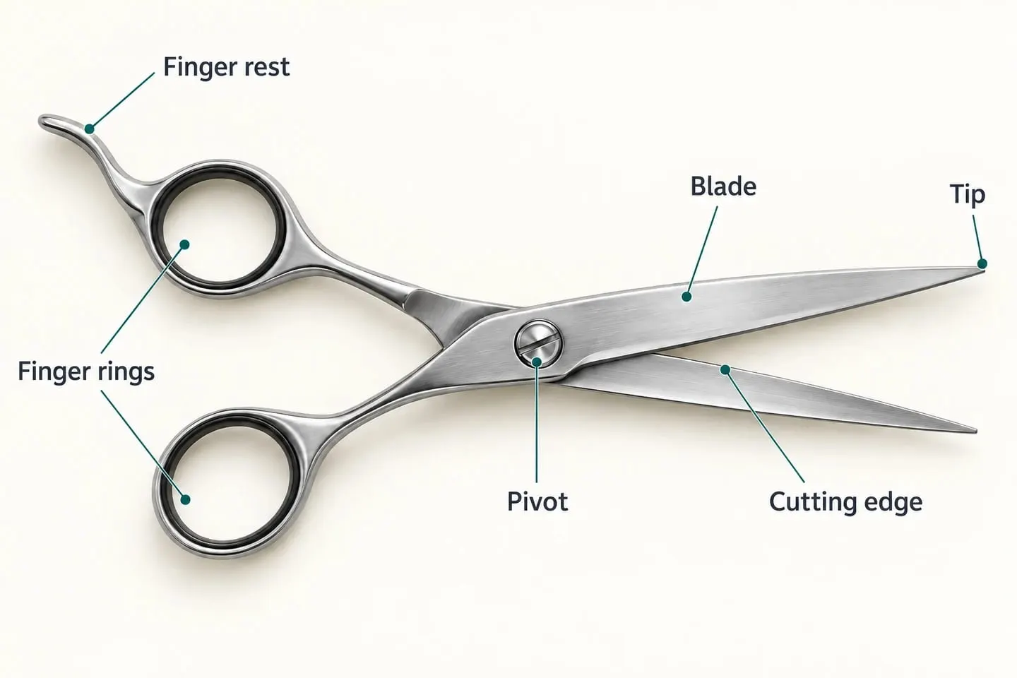 Illustration of an open barber scissor with rings, finger rest, pivot, blade and tip labelled