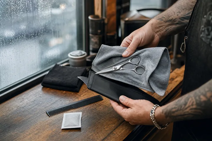 Hands holding a closed shear on a cloth above an open case beside a rain-covered window.
