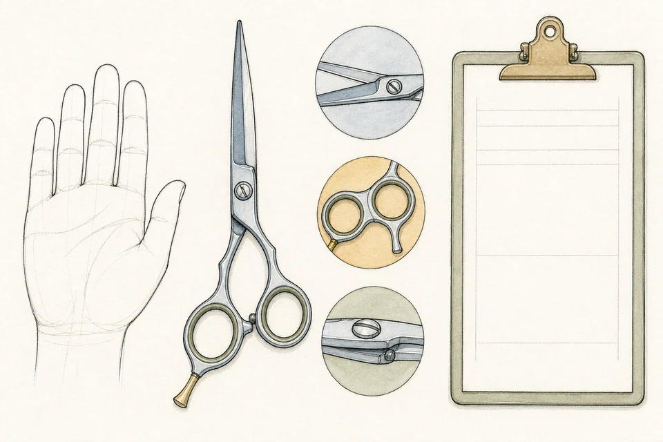 Illustration of a hand and shear with blade, ring and pivot details highlighted.