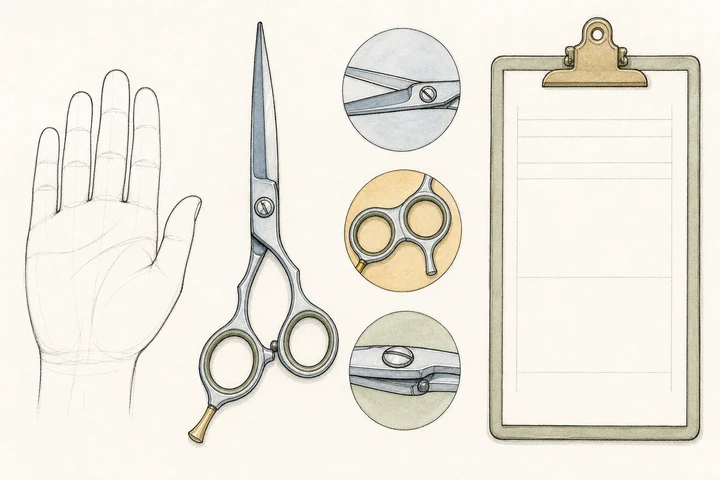 Illustration of a hand and shear with blade, ring and pivot details highlighted.