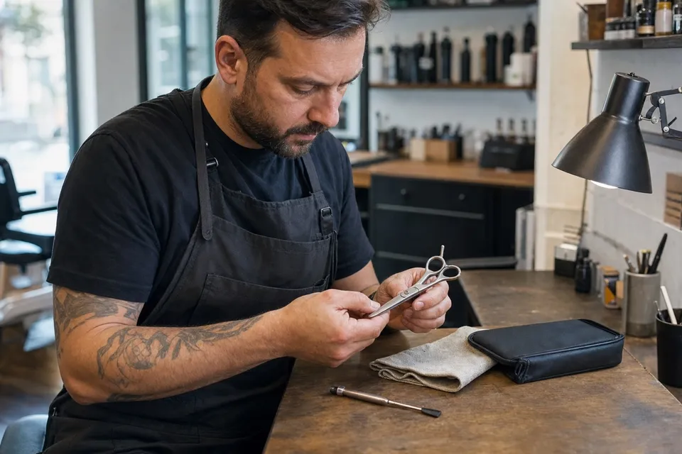 A barber examining a closed shear at a workbench with a cloth, case and task light.
