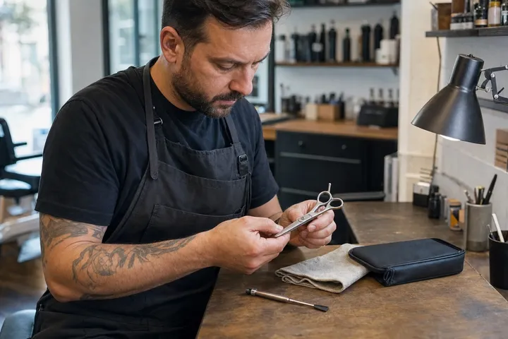 A barber examining a closed shear at a workbench with a cloth, case and task light.