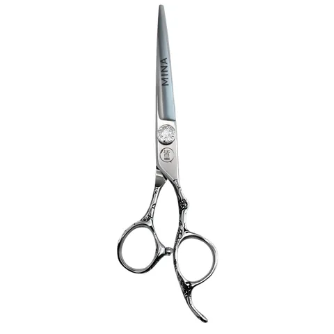 Mina Sakura II offset cutting scissor with an engraved blade.