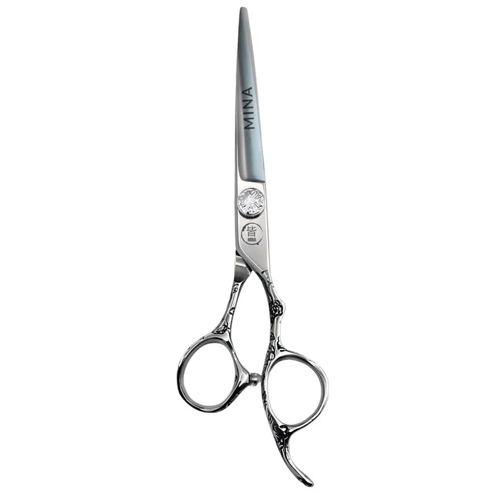 One closed silver-toned Mina Sakura II cutter with engraved fixed offset handles and a finger rest.