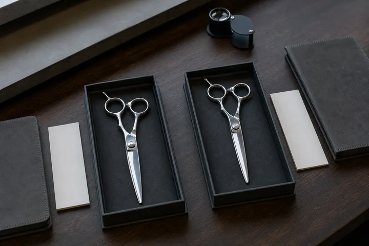 Two cutting shears in separate presentation trays beside a loupe and notebook.