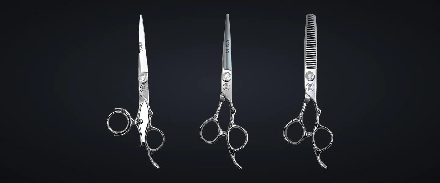 Mina Sakura double swivel cutter, Sakura II cutter and Sakura II thinner on charcoal
