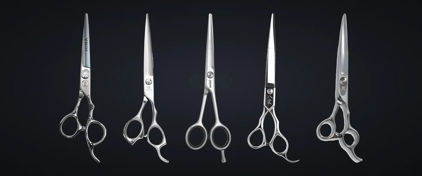 Five 7.0 inch barber cutting scissors for scissor-over-comb work, side by side