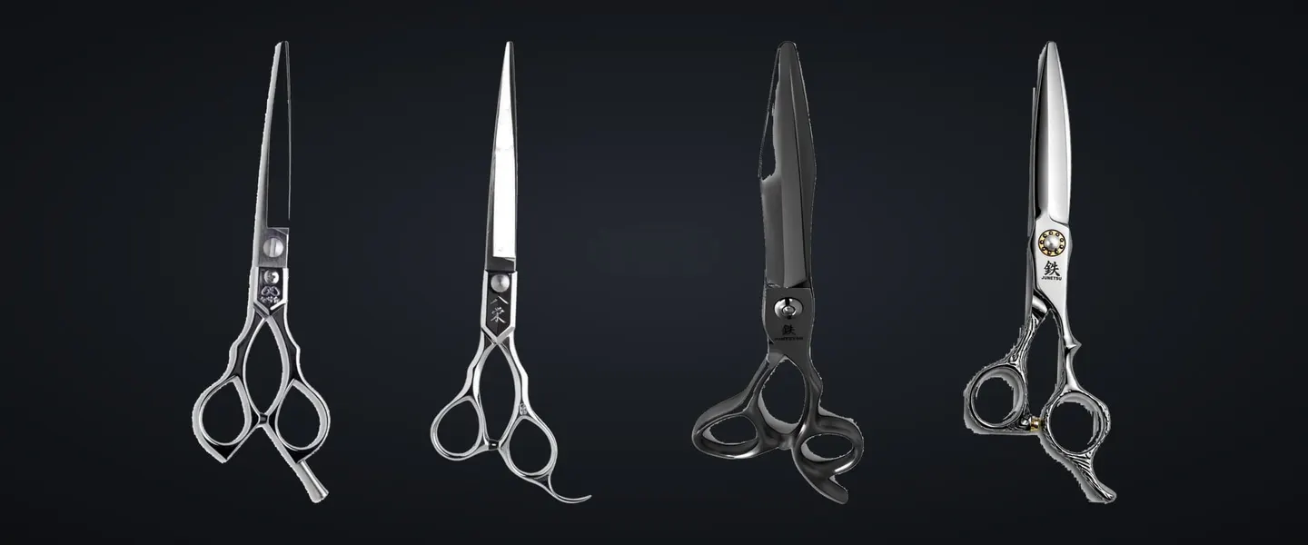 Two Yasaka cutting scissors beside Juntetsu Sword and Kenshi cutting scissors on charcoal