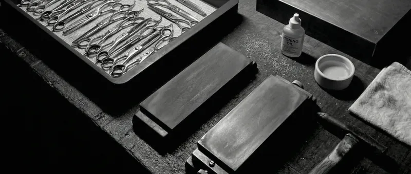 Professional scissors sharpening workshop with maintenance stones and tools