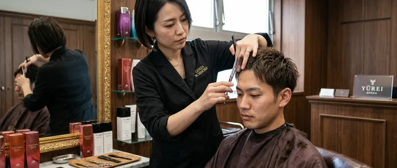 Traditional Japanese salon with female barber and male customer in warm wood interior