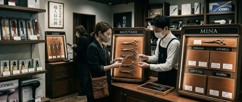 Premium Japanese scissors retail shop in Tokyo with warm lighting