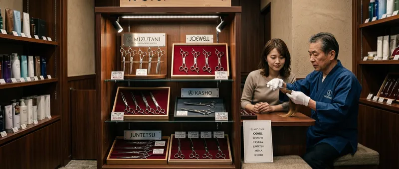 Traditional Japanese scissor shop with premium brand displays