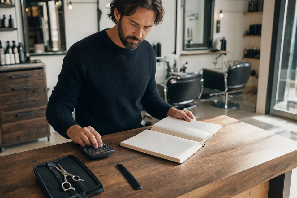 A professional using a calculator beside a notebook, comb and protected shear.