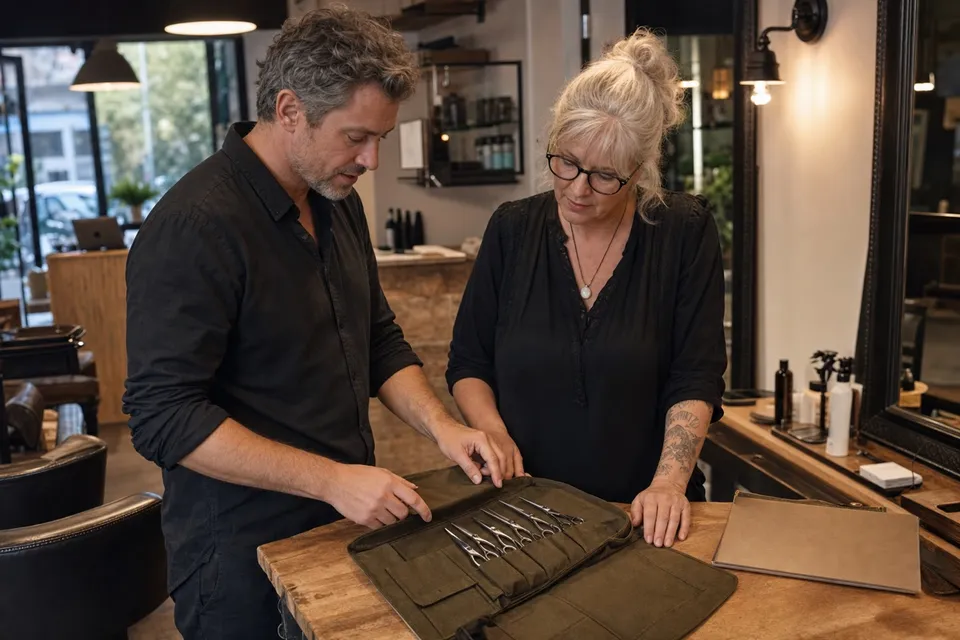 Two professionals checking shears in an open tool roll at a workstation.