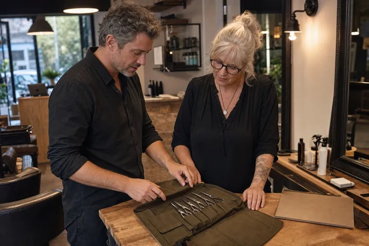 Two professionals checking shears in an open tool roll at a workstation.
